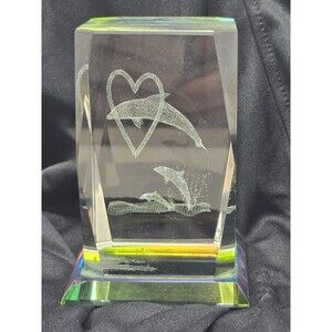3D Laser Crystal Etched Glass Paperweight Dolphins Jumping Through Heart 3in.